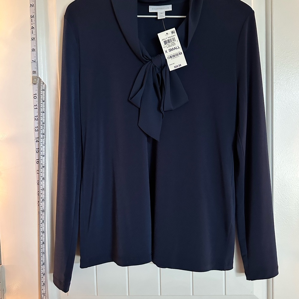 NWT XS Charter Club Navy Blouse with Bow Detail